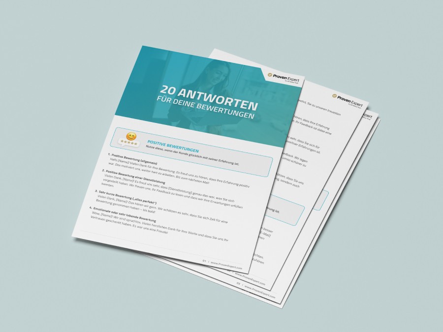 Übersichtliche Vorlage mit 20 Antworten auf positive, negative und neutrale Kundenbewertungen